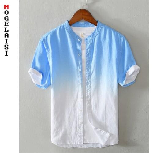 New men Gradient shirt summer short sleeve linen cotton fashion tops Breathable comfortable man shirts clothing 739