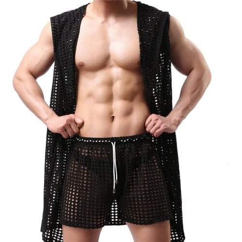 Men Sexy Robes Fashion Hollow Out Breathable Nightwear Sexy Sleepwear Bathing Robe Gay Male Clubwear Lingerie Men Robes