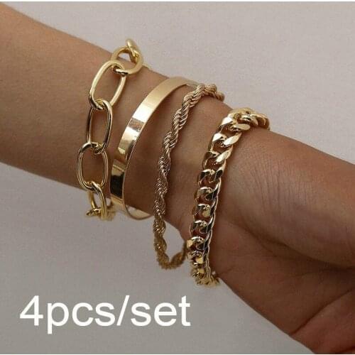 4Pcs Punk Curb Cuban Chain Bracelets Set for Women Men Miami Thick Gold Color Charm Bracelets Bangles Fashion Hip Hop Jewelry