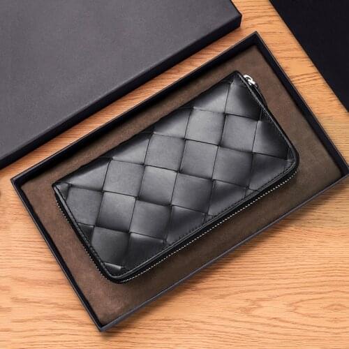 2021 New 100% Leather Long Wallet Mens Zip-up Storage Wallet Woven Large Plaid Luxury Brand Simple Fashion Womens Clutch bag