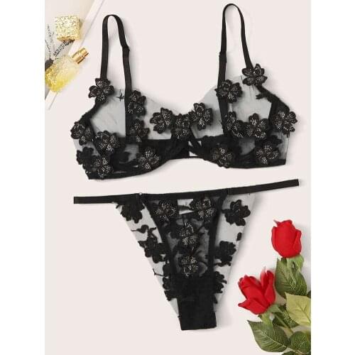 New Womens lace embroidered underwear thin mesh see-through sexy erotic lingerie underwire gather bra thong set