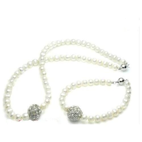 White Color Genuine Freshwater Pearl Rhinestone Necklace Bracelet Jewellery Set,6mm,Fashion Pearl Jewellery,Birthday Women Gift