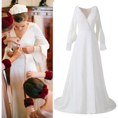 Soft Satin Long Sleeve Simple Wedding Dress Elegant V Neck Bridal Gown Real Sample Photos Factory Price Cheap Free Shipping 1107