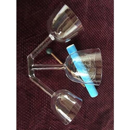 Clear crystal singing triple bowls with 3 different musical note of 5th octave without carved with suede mallet and rubber stick