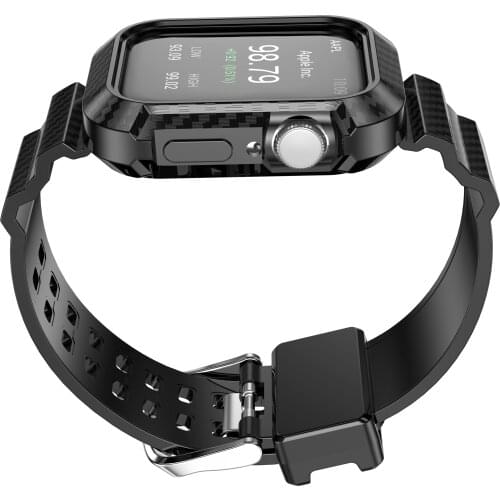 Carbon Fiber Strap & Case for Apple Watch 44mm Mens Sports Style Wristband Compatible with Iwatch SE 6 5 4 3 2 Stainless Buckle
