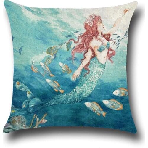 Modern Mermaid Oil Painting Cushion Cotton Linen Home Decor Throw Pillow Sofa Office Nap Pillow Cover Car Seat Cushions Cover