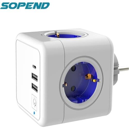 Sopend Power Strip Tee Socket with Usb Switch Type-C Ports Powercube Wall 4 Outlet Multiple European Smart Thief Plug for Phone