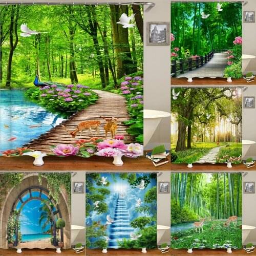 Nature Forest Garden landscape Shower Curtain with Hooks Waterproof Fabric Rural Trees Bamboo Scenery Decor Bathroom Curtains