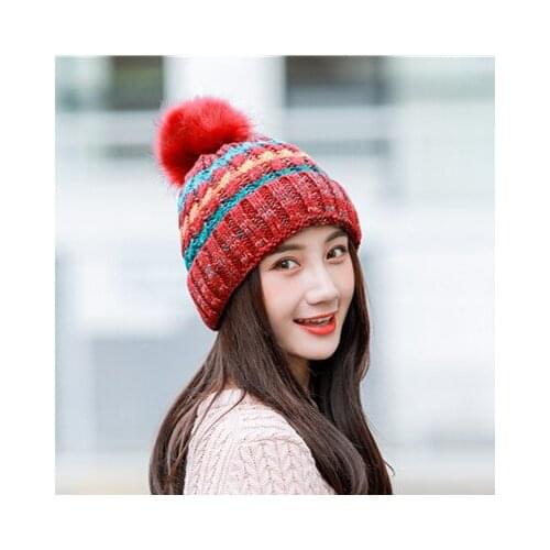 Large wool ball colour strip knitted outdoor plush and thicker wool cap, warm autumn and winter ladies'cap
