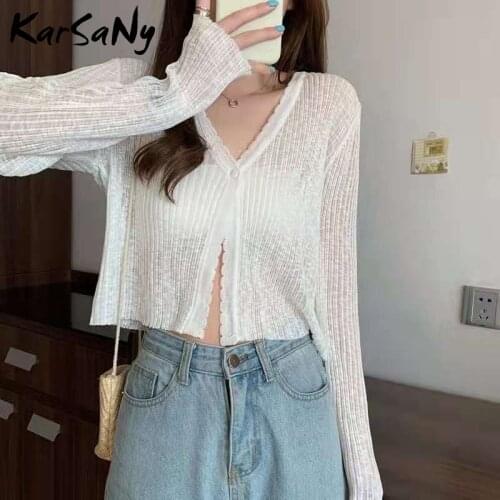 Knitted Cardigan Women Summer Outerwear White Thin Jacket Sunscreen Long Sleeve Cardigans For Women 2021 Short Cardigan Summer
