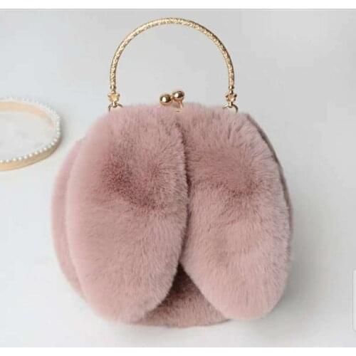 Khaki Faux Fur Bag Women Winter Chains Rabbit Shaped Girls Princess Trendy Furry Plush Crossbody Bags Casual Soft Ins Girl Bag
