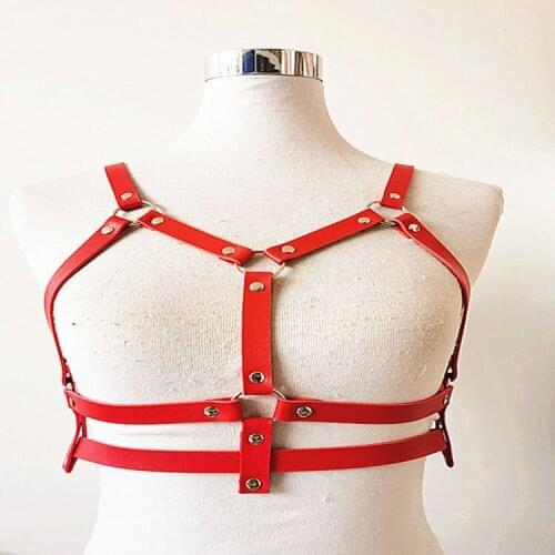 Women Red Strap Bondage Belt Exotic Accessorices Faux Leather Hollow Out Metal O-ring Silver Festival Rave Sexy Crop Party Club