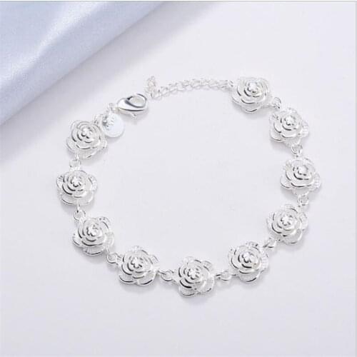 New Full Rose Flower Chain 925 sterling Silver Bracelet For Women Fashion classic Wedding Party Holiday gift fine luxury Jewelry