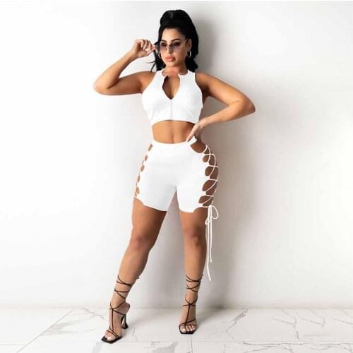 Lace Up Hollow Solid Female Two Piece Sets Women 2021 New Fashion Zipper Up Crop Top+sporty Biker Shorts Casual Matching Suits