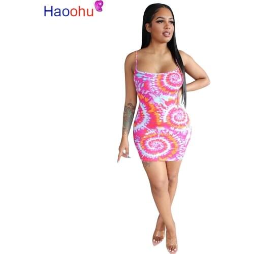 HAOOHU women summer black hole tie dye print spaghetti strap bodycon midi mini dress sexy night club party pencil dresses