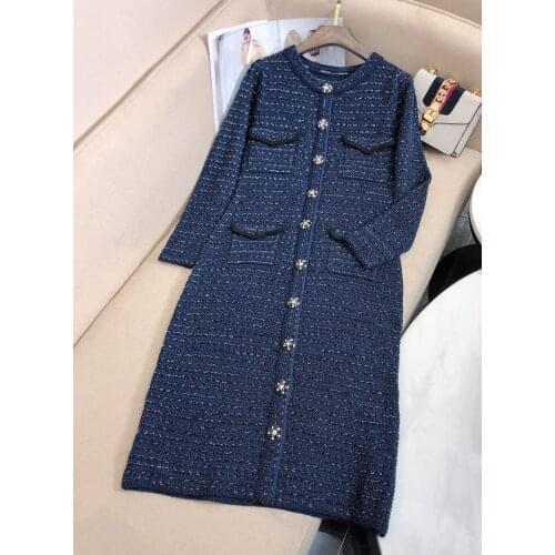 New ladies fashion 2021 long sleeve round neck braided bright silk tweed dress 1224