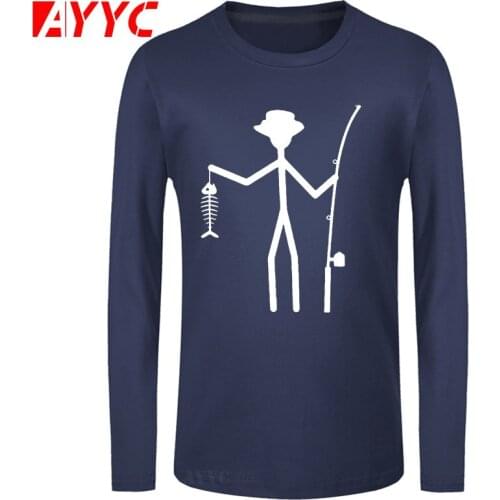 AYYC long sleeve tee Cool Funny T-Shirt Men High Quality Tees Mens Fisherman Stick Figure Holding Fish Bones Cotton T Shirts