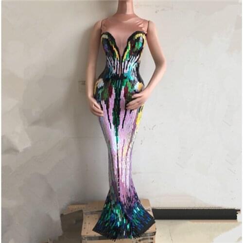 Sparkly Colorful Sequins Dress Stretch Slim Evening Wear Female Singer Outfit Nightclub Long Dress Party Stage Sexy Dresses