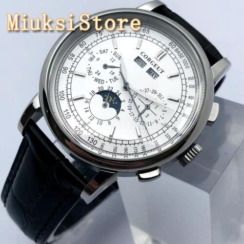Corgeut 42mm Mens Top Casual Mechanical Watch Silver Case White Dial Moon Phase Year Day Month Week Mens Automatic Watch