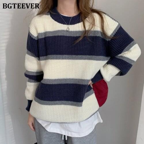 BGTEEVER Casual Thicken Warm Loose Women Striped Jumpers 2021 Autumn Winter Long Sleeve Patchwork Female Knitted Sweaters