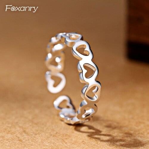 Foxanry Wholesale 925 Sterling Silver Creative Simple Heart Rings for Women Couples Korean Fashion Party Jewelry Adjustable