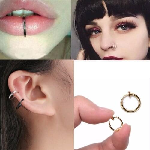Black Fake Goth Punk Lip Ear Nose Ring For Women Men Clip Fake Septum Piercing Nose Hoop Rings Body Jewelry A341