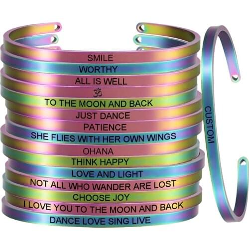 Round Rainbow Color Inspirational Bracelet Customized Cuff Open Bangles Letter Bracelets Positive Jewelry Charms SL-098