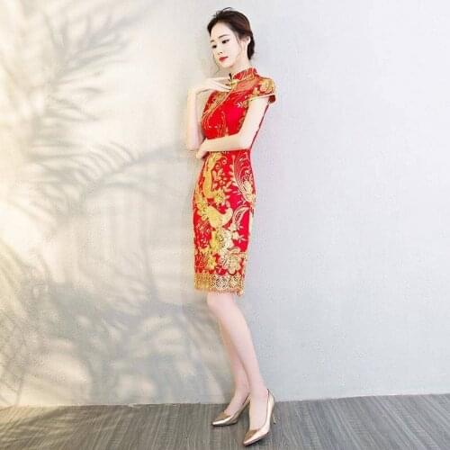Lace Standing Collar Hidden Zipper Gold Sequin Embroidery Improved Cheongsam Wedding Party Dress Prom Gown Vestidos