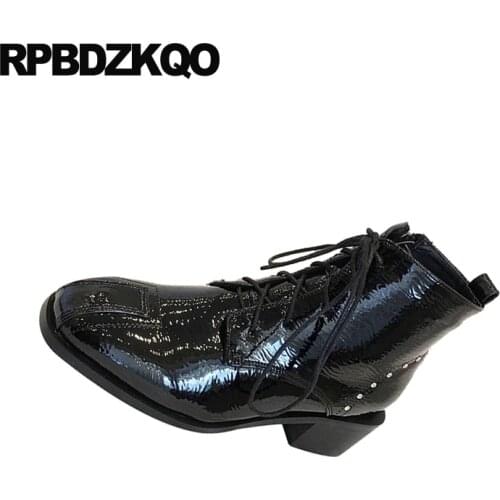 Metal Military Studded Square Toe Black Lace Up Combat Winter Fashion Shoes Women Ankle Boots Medium Heel Chunky Patent Leather
