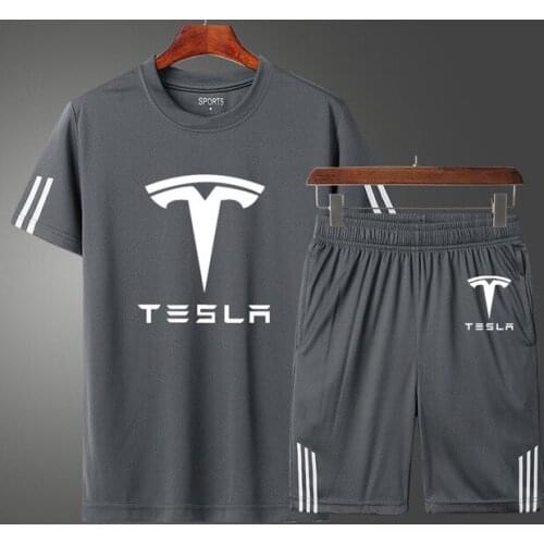 2021Summer Tesla car Logo Printing Mens T-shirt Fashion Casual Cotton High Quality Mens short sleeve + shorts two-piece suit