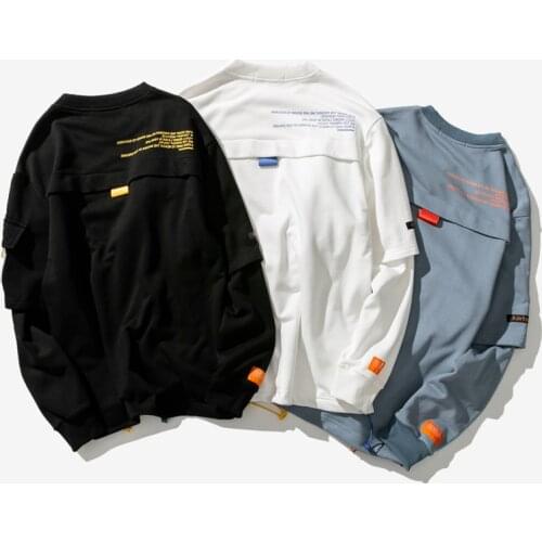 Cotton Fake Two Pieces Printed Mens Sweatshirts Patch Designs Streetwear Mens Hoodies Male Loose Casual Round Neck Hoodie