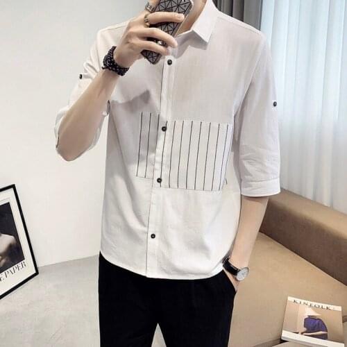 2021 Summer Patchwork Striped Half Sleeve Shirts for Men Korean Casual Shirt Chemise Homme Fashion Streetwear Camisa Masculina