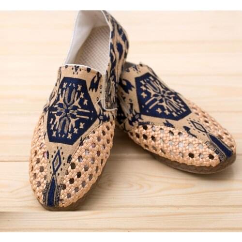 QPFJQD Spring Summer Breathable MenS Loafers Retro Printed Woven Shoes Handmade Elastic Flats Slip On Male Cotton Canvas Shoes
