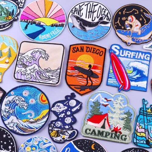Prajna Mountain Parches Camp Adventure Embroidery Patches for Clothes Iron On Patches For Clothing DIY Stripes Van Gogh Stickers