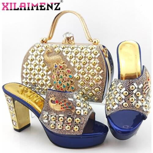 2020 Novelty Dark Blue Shoes And Bag To Match Set Italian High Heels Party Shoes And Bag Set For Wedding Dress