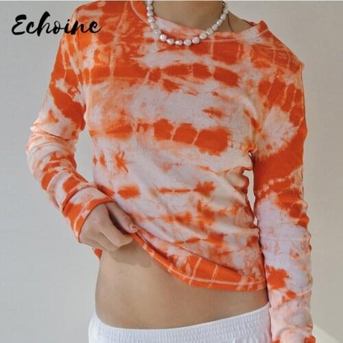 Autumn Spring Women Tie Dye Print T-Shirt O-Neck Long Sleeve Slim Stretchy Casual Skinny Fitness Streetwear Slim Outfits Tops