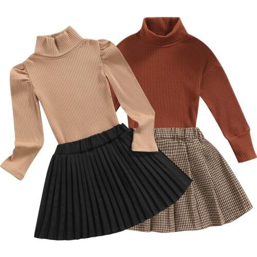 Infant Kid Baby Girl Casual Two-piece Clothes Set, Solid Color Turtleneck Knitwear Pleated Skirt Khaki/ White/ Red/ Brown 18M-6T