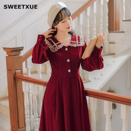 SWEETXUE Hot Sale 2021 Women Long Sleeve Spring Autumn Peter Pan Collar Velvet Long Dress Vestidos