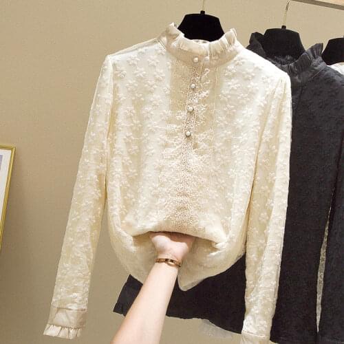 Turtleneck Ruffles Lace Women Blouse and Shirts Solid Slim Loose Office Lady Elegant Thicken Warm Fleece Pulls White Shirts Tops