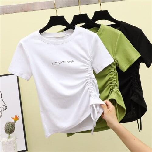 Womens T Shirts Summer Female T-shirts Clothing Short Sleeve O-neck Draw String Design Office Lady Ladies Top Tees Clothes Y20