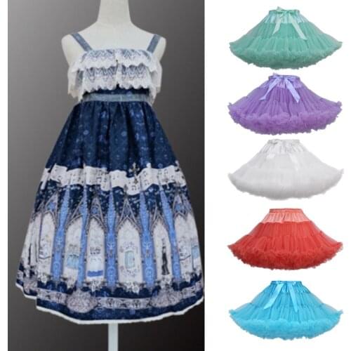 Women Pleated Tulle Petticoat Satin Bow Puffy Tutu Skirt Elastic Waist Ballet Pettiskirt Lolita Cospplay Underskirt