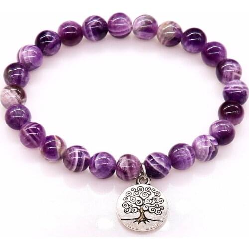 Brand Designer Fashion Bracelets Purple Crystal Beads Bracelets & Bangles Natural Stone with Life of Tree Jewelry for Women Gift