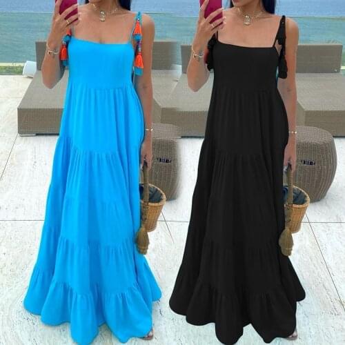 Womens Summer Ruffles Sundress Sexy Spaghetti Straps Beach A-Line Loose Dress 2021 Casual Solid Long Maxi Dresses Vestidos Robe
