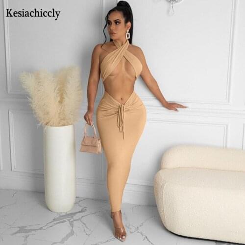 Kesiachiccly Halter Backless Long Summer Dresses For Women Slit Boho Beach Dress 2021 Sexy Bohemian Maxi Dress Woman Party Night