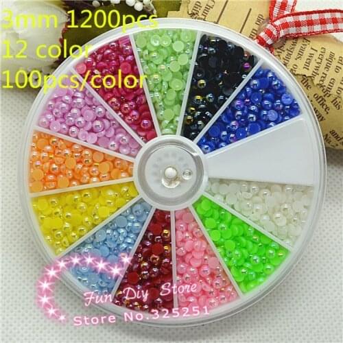 3mm 1200pcs ABS flat back round pearl AB color mix 12 color wheel for nail art free shipping