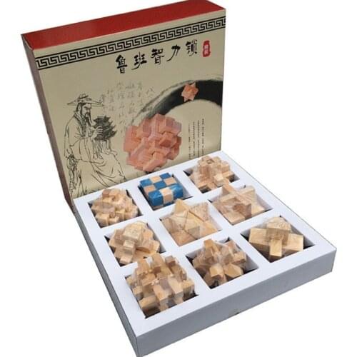 9pcs/set Beech 3D handmade Ming lock Luban lock wooden toys adults puzzle children Educational Toy adult Christmas gift