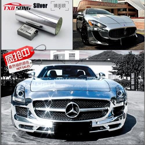 Free shipping Silver chrome mirror film Glossy Silver Chrome Mirror Sticker With air free bubbles Waterproof Chrome mirror film