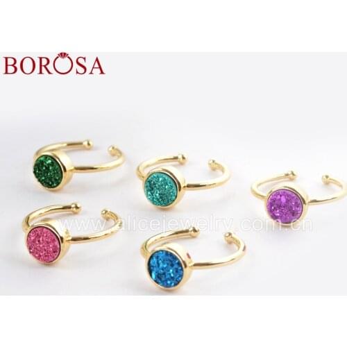 BOROSA 10PCS 9mm Round Natural Agates Titanium Rainbow Electroplated Druzy Ring With Gold Plated Party Rings for Women ZG0362