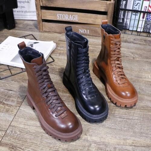 Autumn Winter Leather Cowhide Mid Tube Womens Boots With Plush Outdoor Trekking Climbing New Thick Heel Bottom Round Head Shoes