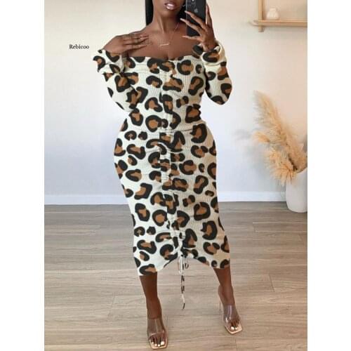 Women Off Shoulder Leopard Patchwork Bodycon Dress Slash Neck Long Sleeve Party Club Dress Vintage Ruched Drawstring Robe
